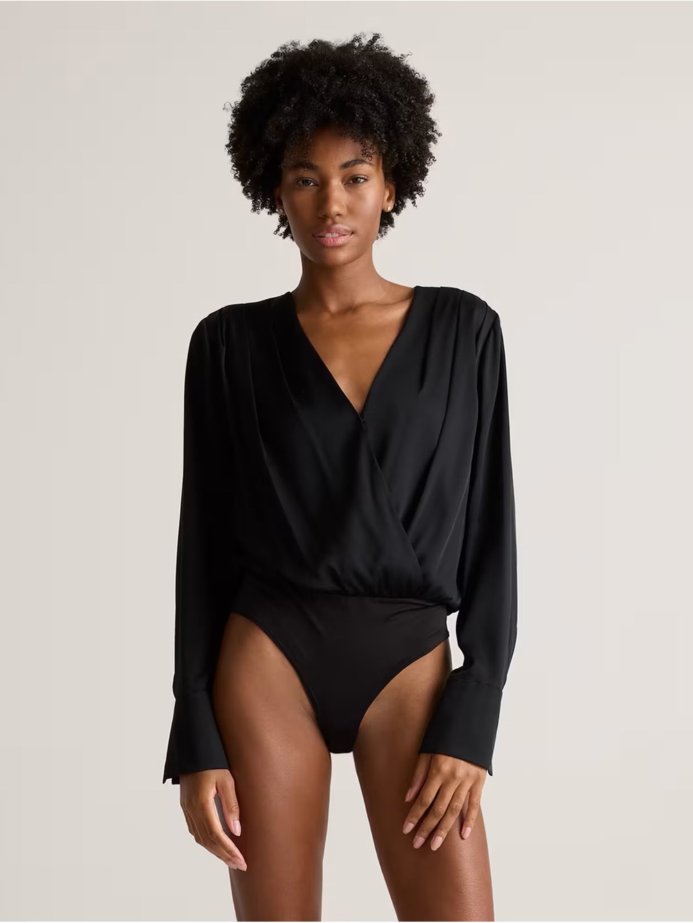Quince Black Long-Sleeve Wrap Bodysuit with V-Neck